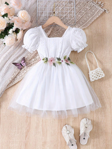 Girls Summer Casual Short Sleeve Puff Sleeve Embroidered Mesh Lace Trim Princess Party DRESS