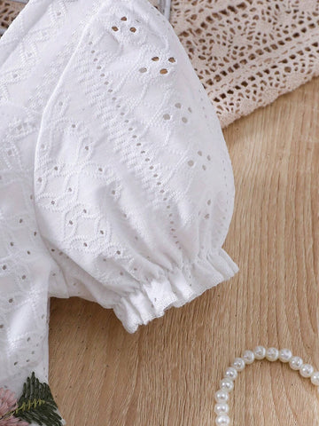 Girls Summer Casual Short Sleeve Puff Sleeve Embroidered Mesh Lace Trim Princess Party DRESS