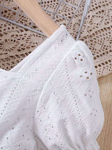 Girls Summer Casual Short Sleeve Puff Sleeve Embroidered Mesh Lace Trim Princess Party DRESS