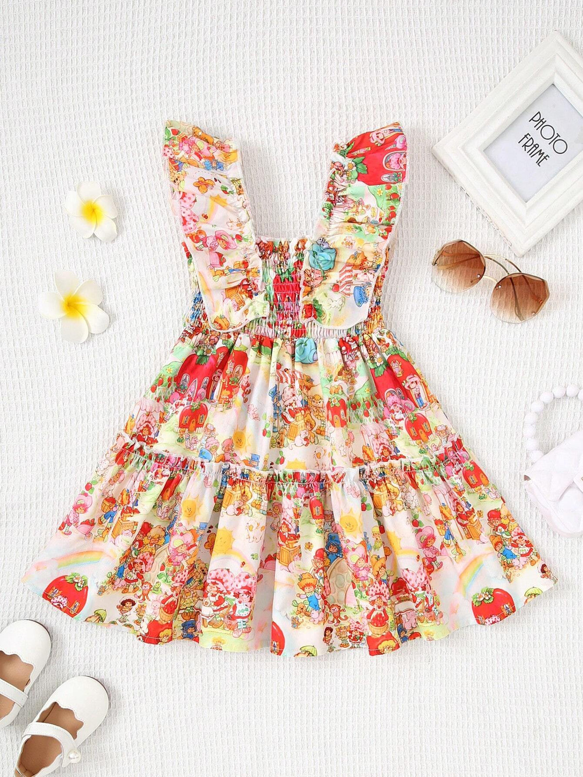Girls' Summer Casual Sleeveless Printed Dress With Cartoon Park Pattern