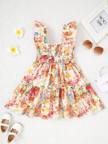 Girls' Summer Casual Sleeveless Printed Dress With Cartoon Park Pattern