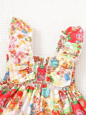 Girls' Summer Casual Sleeveless Printed Dress With Cartoon Park Pattern
