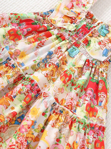 Girls' Summer Casual Sleeveless Printed Dress With Cartoon Park Pattern