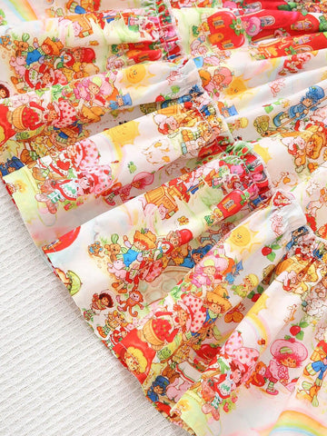 Girls' Summer Casual Sleeveless Printed Dress With Cartoon Park Pattern