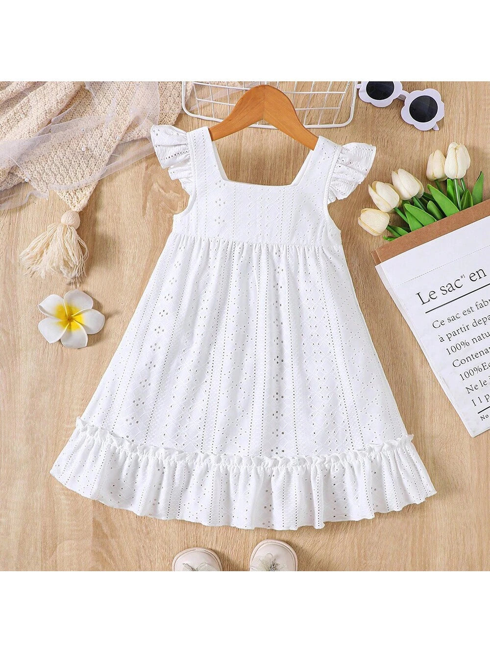 Girls' Summer Casual Solid Color Square Neck Cap Sleeve Hollow Out Patchwork Fashion Dress