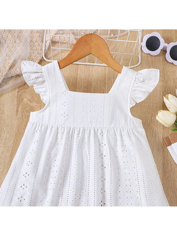 Girls' Summer Casual Solid Color Square Neck Cap Sleeve Hollow Out Patchwork Fashion Dress