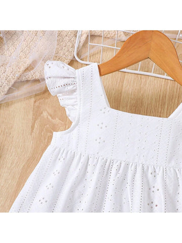 Girls' Summer Casual Solid Color Square Neck Cap Sleeve Hollow Out Patchwork Fashion Dress
