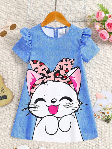 Girls' Summer Cat Printed Dress For Kids, Short Puff Sleeves, Double-Layer Design, Round Neck Dress With Back Buttons, Imitation Denim, Casual Outfit