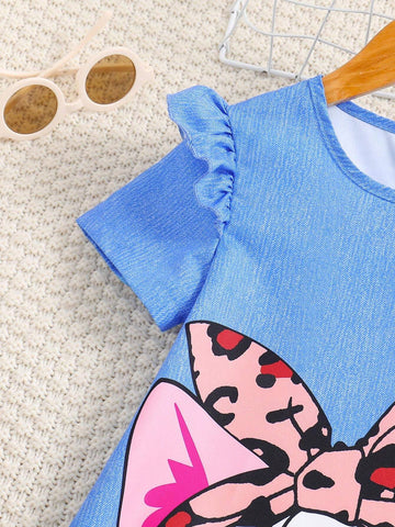 Girls' Summer Cat Printed Dress For Kids, Short Puff Sleeves, Double-Layer Design, Round Neck Dress With Back Buttons, Imitation Denim, Casual Outfit