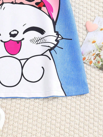 Girls' Summer Cat Printed Dress For Kids, Short Puff Sleeves, Double-Layer Design, Round Neck Dress With Back Buttons, Imitation Denim, Casual Outfit
