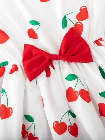 Girls Summer Cherry Digital Print Cap Sleeve Casual Cute Versatile Dress, Good For Parties, Dates, Birthdays