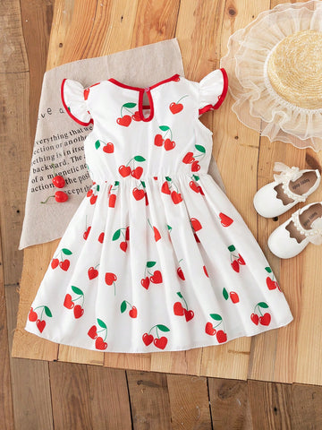 Girls Summer Cherry Digital Print Cap Sleeve Casual Cute Versatile Dress, Good For Parties, Dates, Birthdays