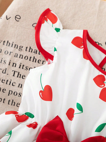 Girls Summer Cherry Digital Print Cap Sleeve Casual Cute Versatile Dress, Good For Parties, Dates, Birthdays