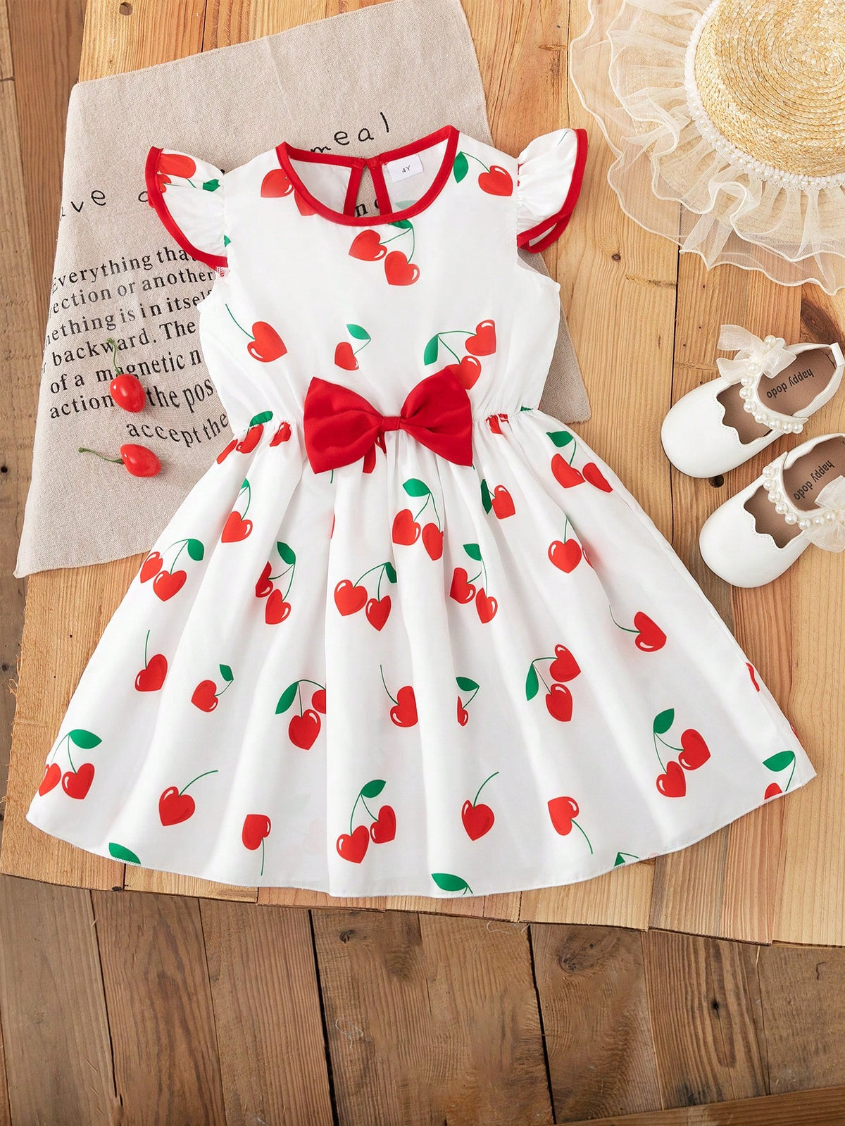 Girls Summer Cherry Digital Print Cap Sleeve Casual Cute Versatile Dress, Good For Parties, Dates, Birthdays