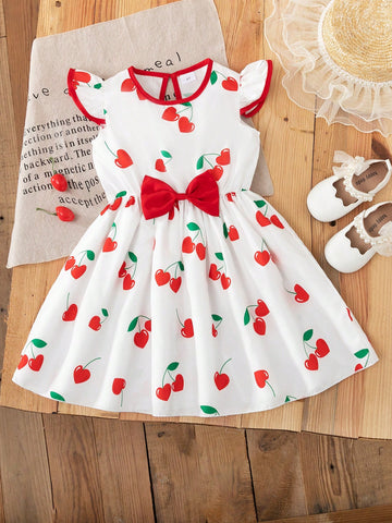 Girls Summer Cherry Digital Print Cap Sleeve Casual Cute Versatile Dress, Good For Parties, Dates, Birthdays