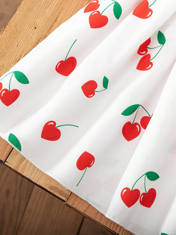 Girls Summer Cherry Digital Print Cap Sleeve Casual Cute Versatile Dress, Good For Parties, Dates, Birthdays