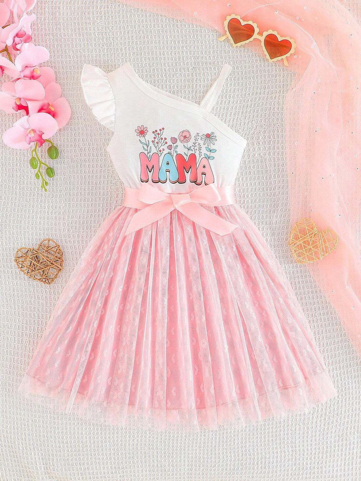 Girls' Summer Clothing, Lovely Flower Printed Mesh Skirt Hem, Elegant Fashionable One-Piece Dress
