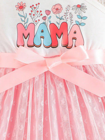 Girls' Summer Clothing, Lovely Flower Printed Mesh Skirt Hem, Elegant Fashionable One-Piece Dress