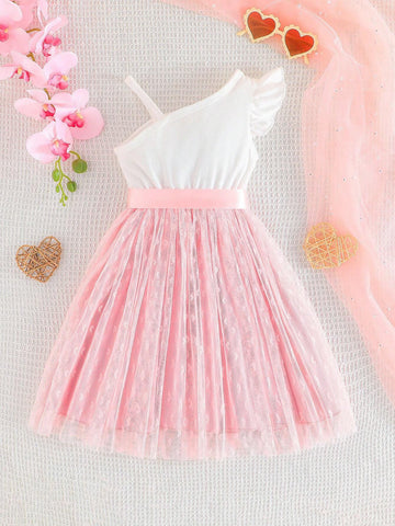 Girls' Summer Clothing, Lovely Flower Printed Mesh Skirt Hem, Elegant Fashionable One-Piece Dress