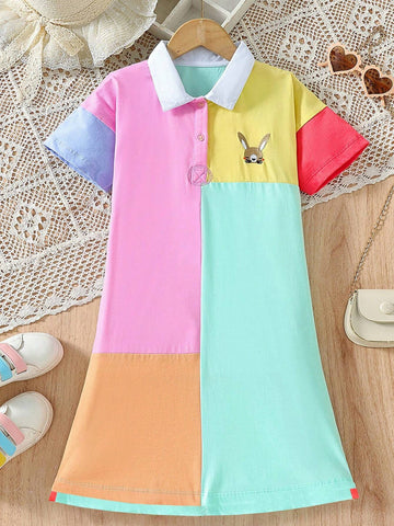 Girls" Summer Cotton Patchwork Short Sleeve Dress, Colorful Polo Shirt Dress For Kids