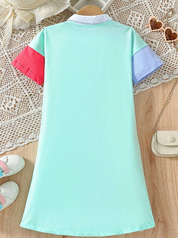 Girls" Summer Cotton Patchwork Short Sleeve Dress, Colorful Polo Shirt Dress For Kids