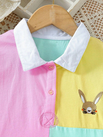 Girls" Summer Cotton Patchwork Short Sleeve Dress, Colorful Polo Shirt Dress For Kids