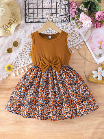Girls Summer Crew Neck Sleeveless Ditsy Floral Casual Dress With Bowknot