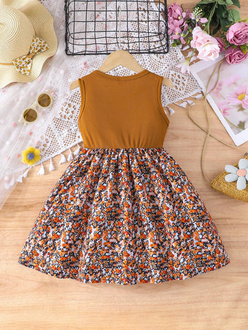Girls Summer Crew Neck Sleeveless Ditsy Floral Casual Dress With Bowknot