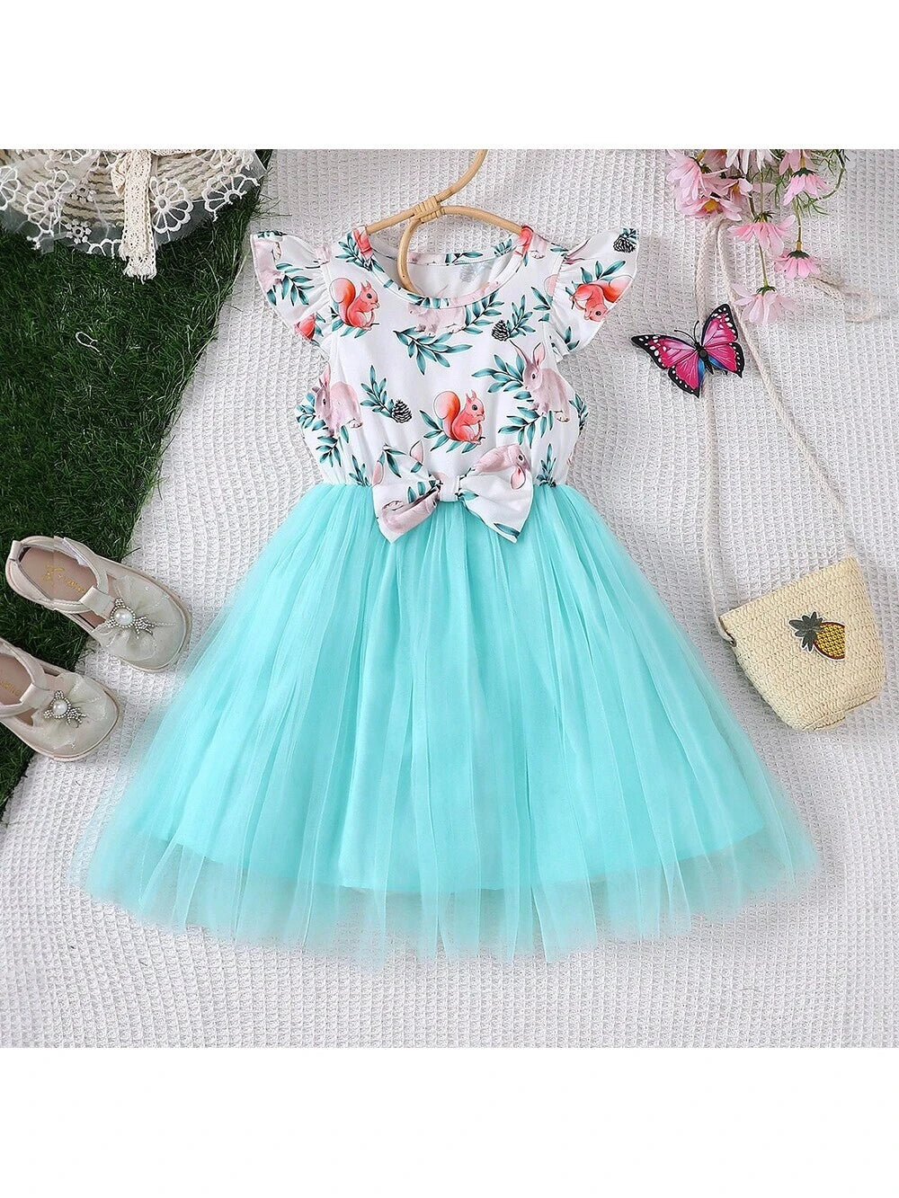 Girls" Summer Cute Cartoon Print Dress With Bowknot And Mesh Skirt