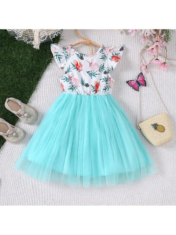 Girls" Summer Cute Cartoon Print Dress With Bowknot And Mesh Skirt