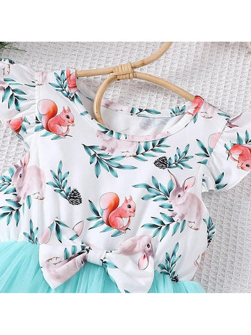 Girls" Summer Cute Cartoon Print Dress With Bowknot And Mesh Skirt