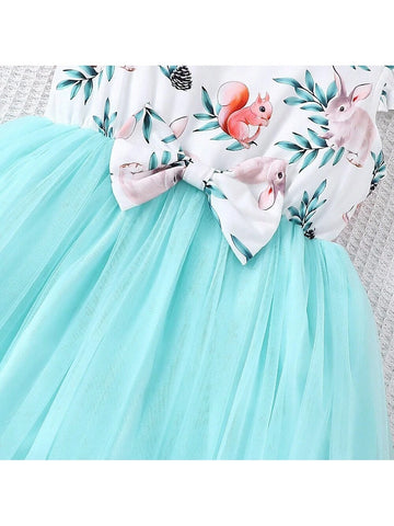 Girls" Summer Cute Cartoon Print Dress With Bowknot And Mesh Skirt