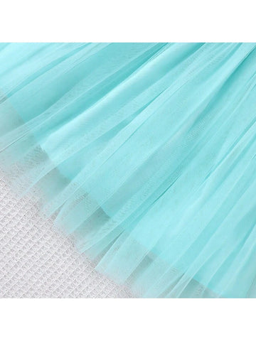 Girls" Summer Cute Cartoon Print Dress With Bowknot And Mesh Skirt