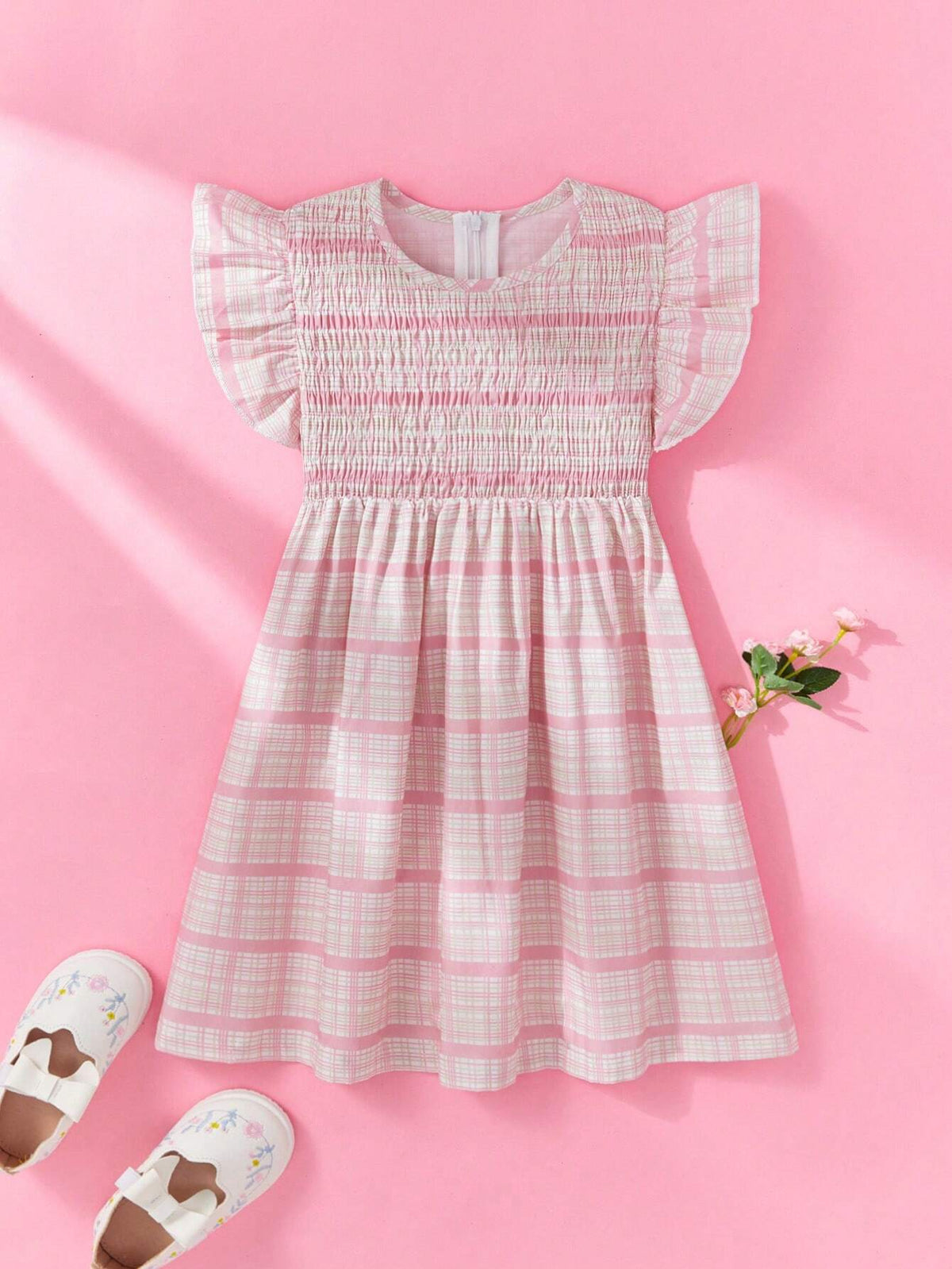 Girls Summer Cute Ice Cream Print Cap Sleeve/Long Sleeve Dress, Plaid Skirt