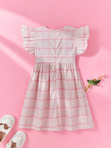 Girls Summer Cute Ice Cream Print Cap Sleeve/Long Sleeve Dress, Plaid Skirt