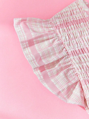 Girls Summer Cute Ice Cream Print Cap Sleeve/Long Sleeve Dress, Plaid Skirt
