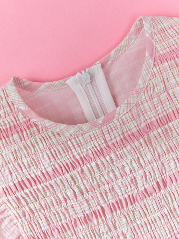 Girls Summer Cute Ice Cream Print Cap Sleeve/Long Sleeve Dress, Plaid Skirt