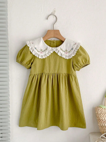 Girls' Summer Cute Short Sleeve Embroidered Peter Pan Collar Dress
