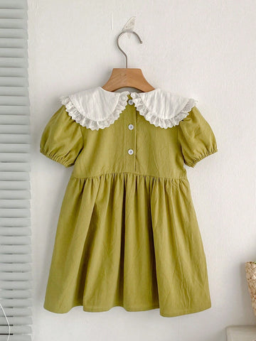 Girls' Summer Cute Short Sleeve Embroidered Peter Pan Collar Dress