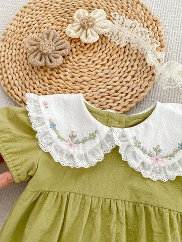 Girls' Summer Cute Short Sleeve Embroidered Peter Pan Collar Dress