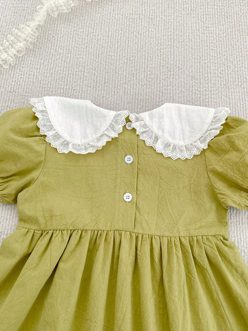 Girls' Summer Cute Short Sleeve Embroidered Peter Pan Collar Dress