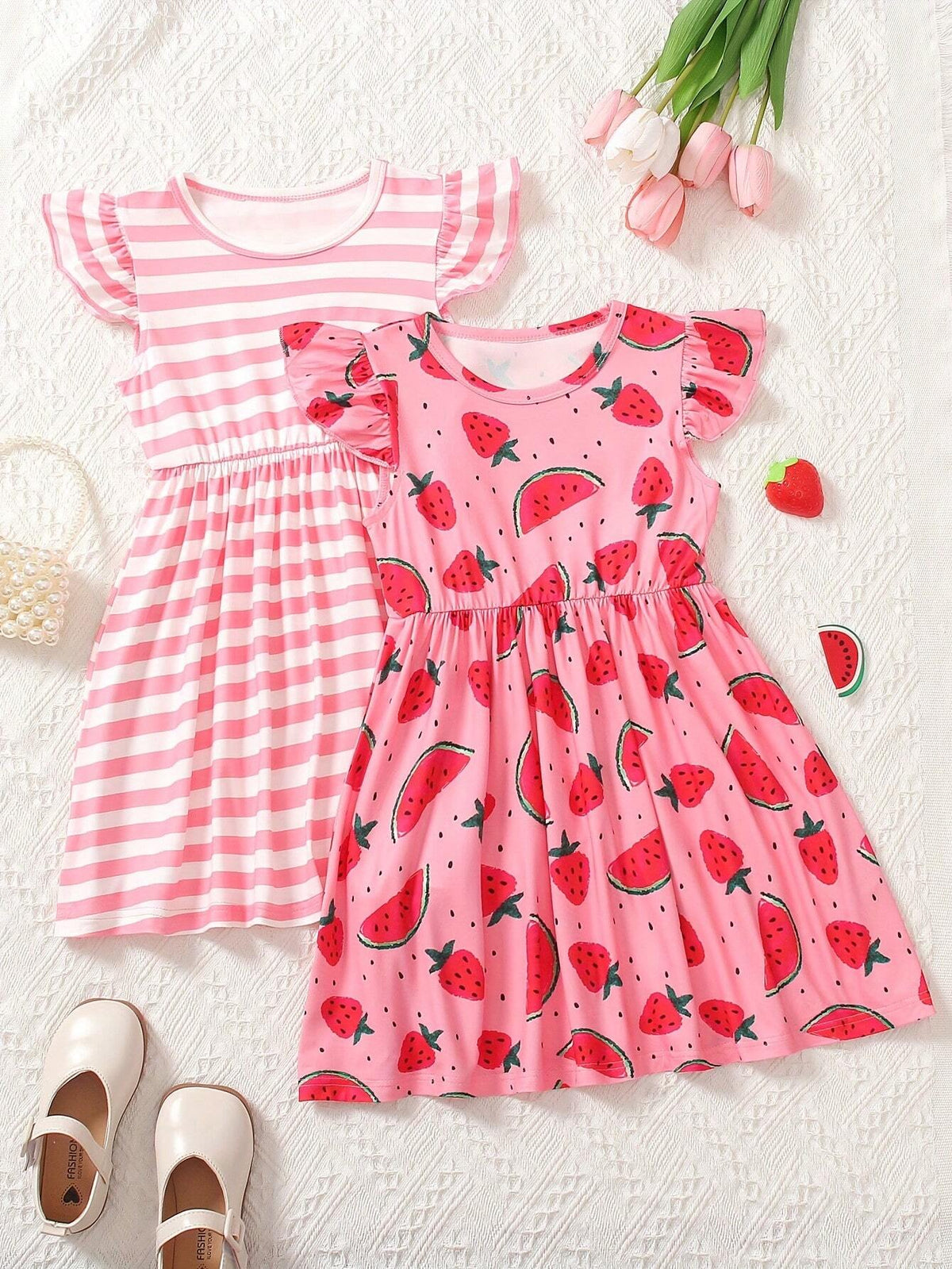 Girls' Summer Dress 2024 New Casual And Cute Striped Watermelon Printed Cap Sleeve Round Neck Two-Piece Outfit