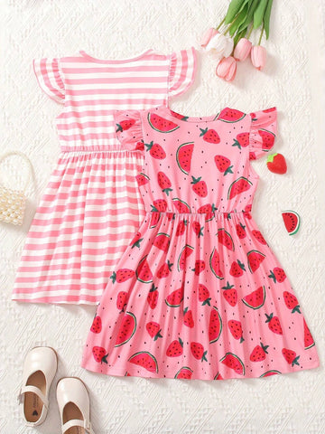 Girls' Summer Dress 2024 New Casual And Cute Striped Watermelon Printed Cap Sleeve Round Neck Two-Piece Outfit