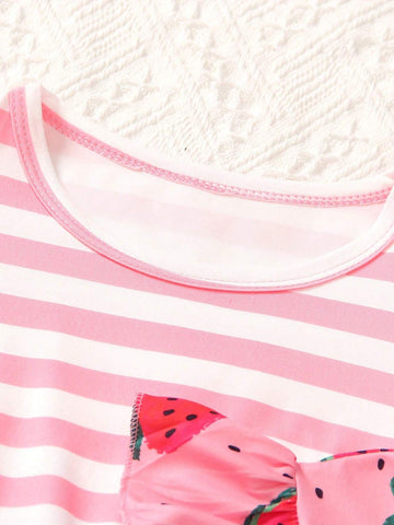 Girls' Summer Dress 2024 New Casual And Cute Striped Watermelon Printed Cap Sleeve Round Neck Two-Piece Outfit