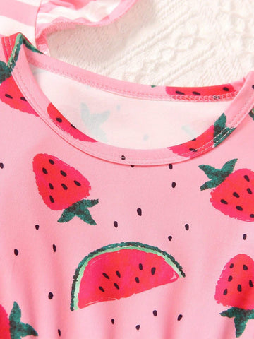 Girls' Summer Dress 2024 New Casual And Cute Striped Watermelon Printed Cap Sleeve Round Neck Two-Piece Outfit