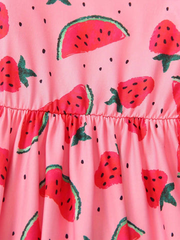 Girls' Summer Dress 2024 New Casual And Cute Striped Watermelon Printed Cap Sleeve Round Neck Two-Piece Outfit
