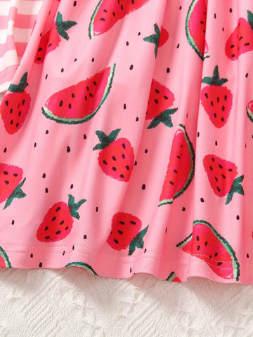 Girls' Summer Dress 2024 New Casual And Cute Striped Watermelon Printed Cap Sleeve Round Neck Two-Piece Outfit