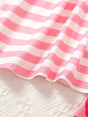 Girls' Summer Dress 2024 New Casual And Cute Striped Watermelon Printed Cap Sleeve Round Neck Two-Piece Outfit