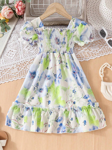 Girls' Summer Dress, Short Sleeve Ditsy Floral Dress With Pleated Bubble Sleeves