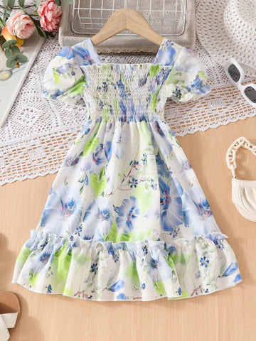 Girls' Summer Dress, Short Sleeve Ditsy Floral Dress With Pleated Bubble Sleeves